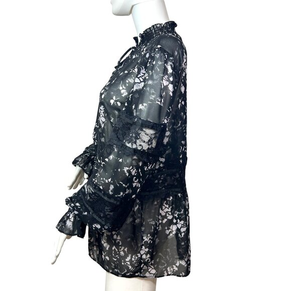 DKNY Blouse M Black White Speckled Lace Trim Long Sleeves Ruffle Neck Ties Sheer - Picture 2 of 16